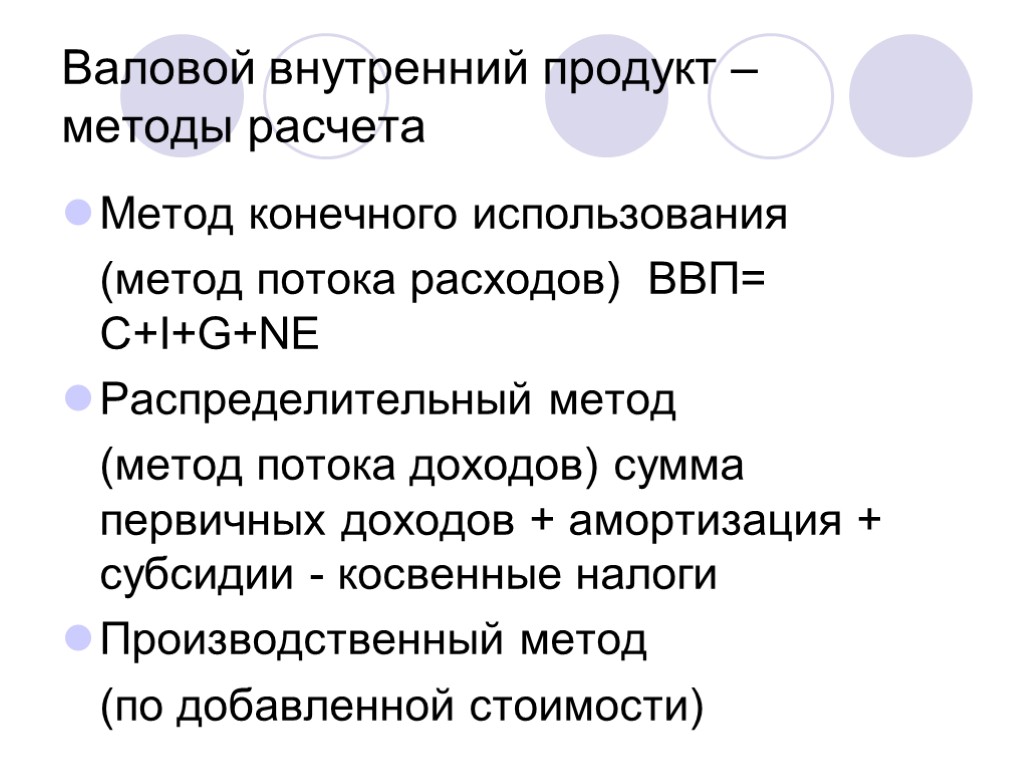 Валовой внутренний продукт – методы расчета Метод конечного использования (метод потока расходов) ВВП= С+I+G+NE